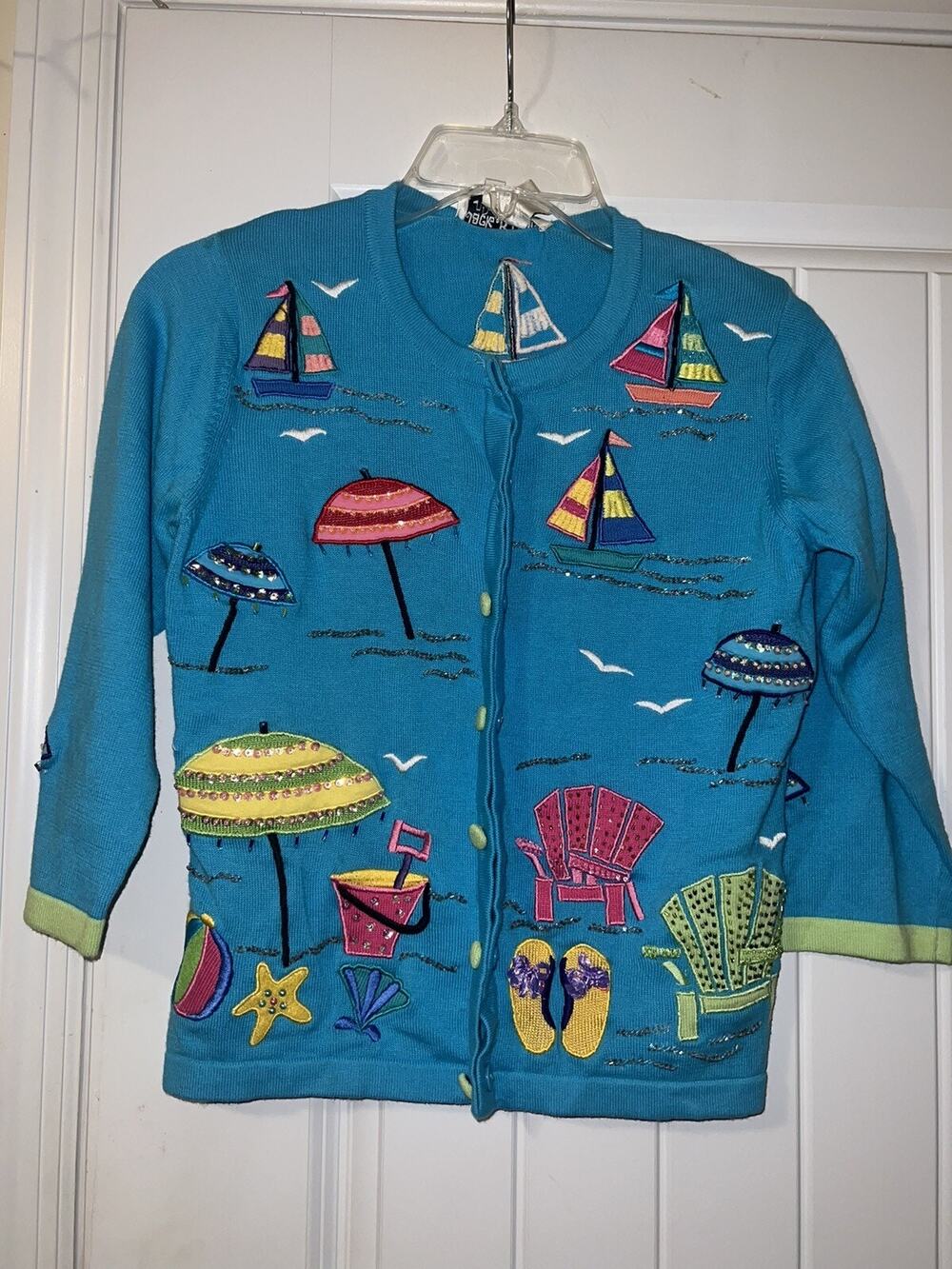Vintage Jack B Quick Petite Cardigan Sweater Embellished Aqua Sailboats Women PP